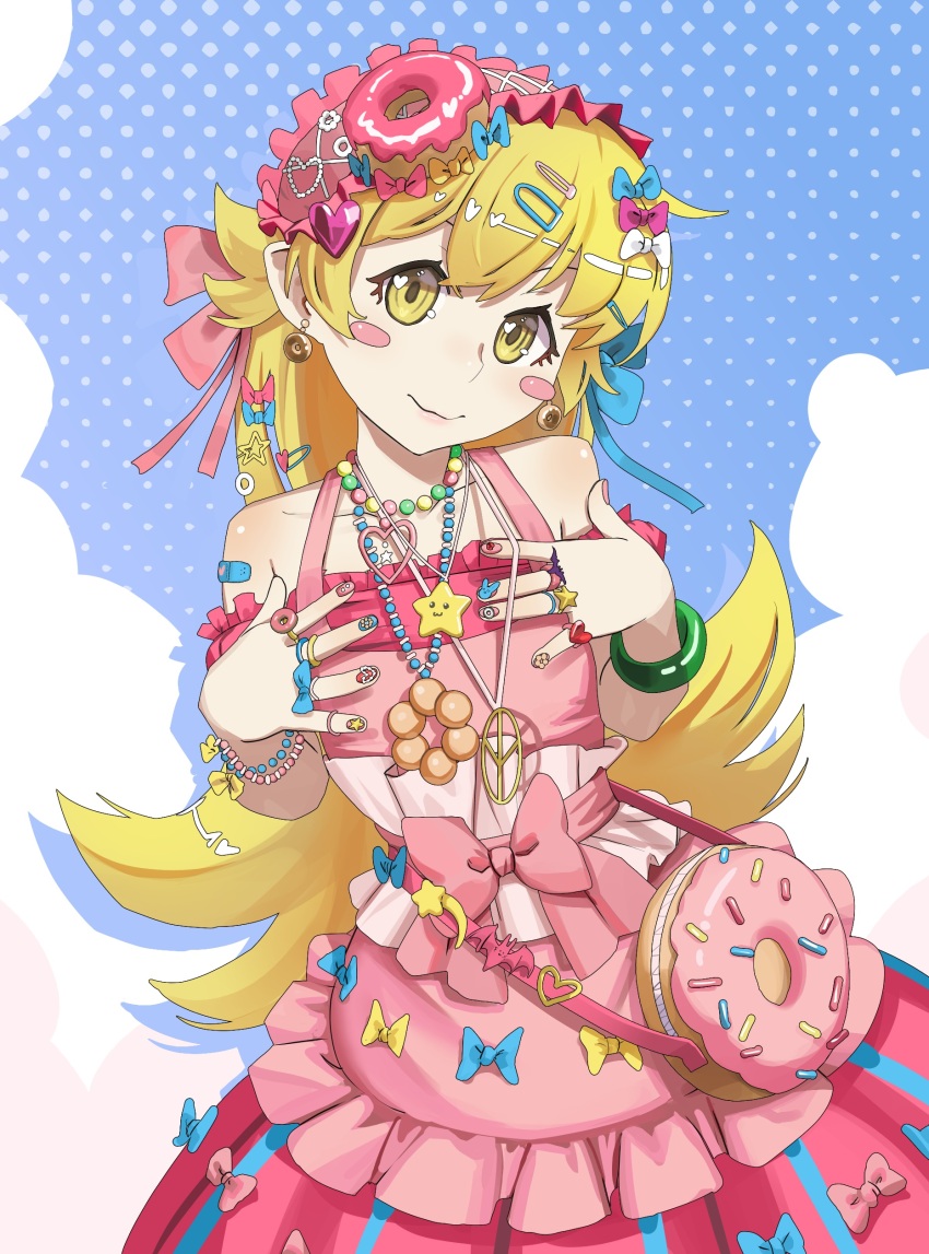 1girl absurdres alternate_costume bag bandaid bandaid_on_shoulder bangle bare_shoulders bead_bracelet bead_necklace beads blonde_hair blue_bow blue_nails blue_sky blush_stickers bow bracelet closed_mouth cloud cowboy_shot decora donut donut_earrings donut_hair_ornament dress earrings flipped_hair food food-themed_bag food-themed_hair_ornament frilled_hairband frills hair_bow hair_flaps hair_ornament hair_ribbon hairband hairclip halftone halftone_background halter_dress halterneck handbag heart heart_hair_ornament heart_pendant highres jewelry lips lolita_fashion long_hair looking_at_viewer monogatari_(series) nail_art nail_polish necklace ornate_ring oshino_shinobu peace_symbol pink_bow pink_dress pink_hairband pink_nails pointy_ears polka_dot polka_dot_background pon_de_ring ribbon ricman_rt ring ringed_eyes shoulder_bag sky sleeveless sleeveless_dress smile solo star_(symbol) star_pendant too_many_hair_ornaments very_long_hair yellow_bow yellow_eyes