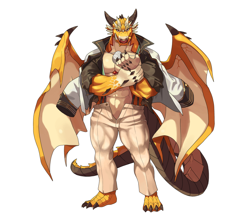 1boy abs absurdres bara black_shirt broken_tusk colored_skin dragon_boy dragon_horns dragon_tail dragon_wings egg_necklace full_body furry furry_male highres horns jacket jacket_on_shoulders jewelry male_focus multiple_horns muscular muscular_male necklace open_fly open_mouth ophion_(housamo) red_eyes scales sharp_toenails shirt simple_background solo standing suspenders tail toenails tokyo_houkago_summoners tusks white_background wings yed_(yedsilent) yellow_skin