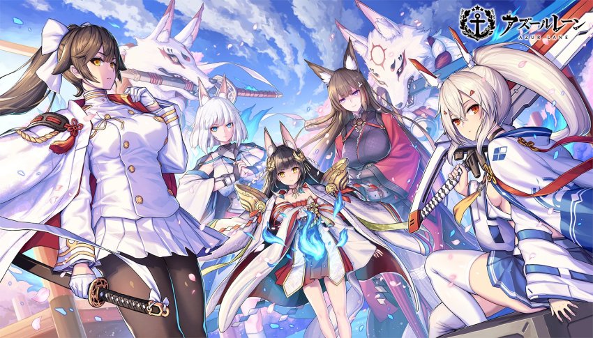 5girls amagi_(azur_lane) animal_ear_fluff animal_ears ayanami_(azur_lane) azur_lane bare_shoulders black_hair blue_eyes blunt_bangs bow breasts brown_eyes brown_hair brown_legwear cherry_blossoms closed_mouth cloud commentary_request detached_sleeves floating_hair fox_ears fox_girl fox_tail gloves hair_between_eyes hair_bow hair_flaps hair_ornament half_gloves headgear high_ponytail highres holding holding_sword holding_weapon japanese_clothes kaga_(battleship)_(azur_lane) katana kimono large_breasts long_hair long_sleeves looking_at_viewer medium_breasts military military_uniform miniskirt multiple_girls multiple_tails nagato_(azur_lane) nidy outdoors pantyhose pleated_skirt ponytail purple_eyes red_eyes retrofit_(azur_lane) short_hair sideboob sidelocks sitting skirt sky small_breasts smile standing sword tail takao_(azur_lane) thick_eyebrows thighhighs very_long_hair weapon white_bow white_gloves white_hair white_legwear wide_sleeves yellow_eyes