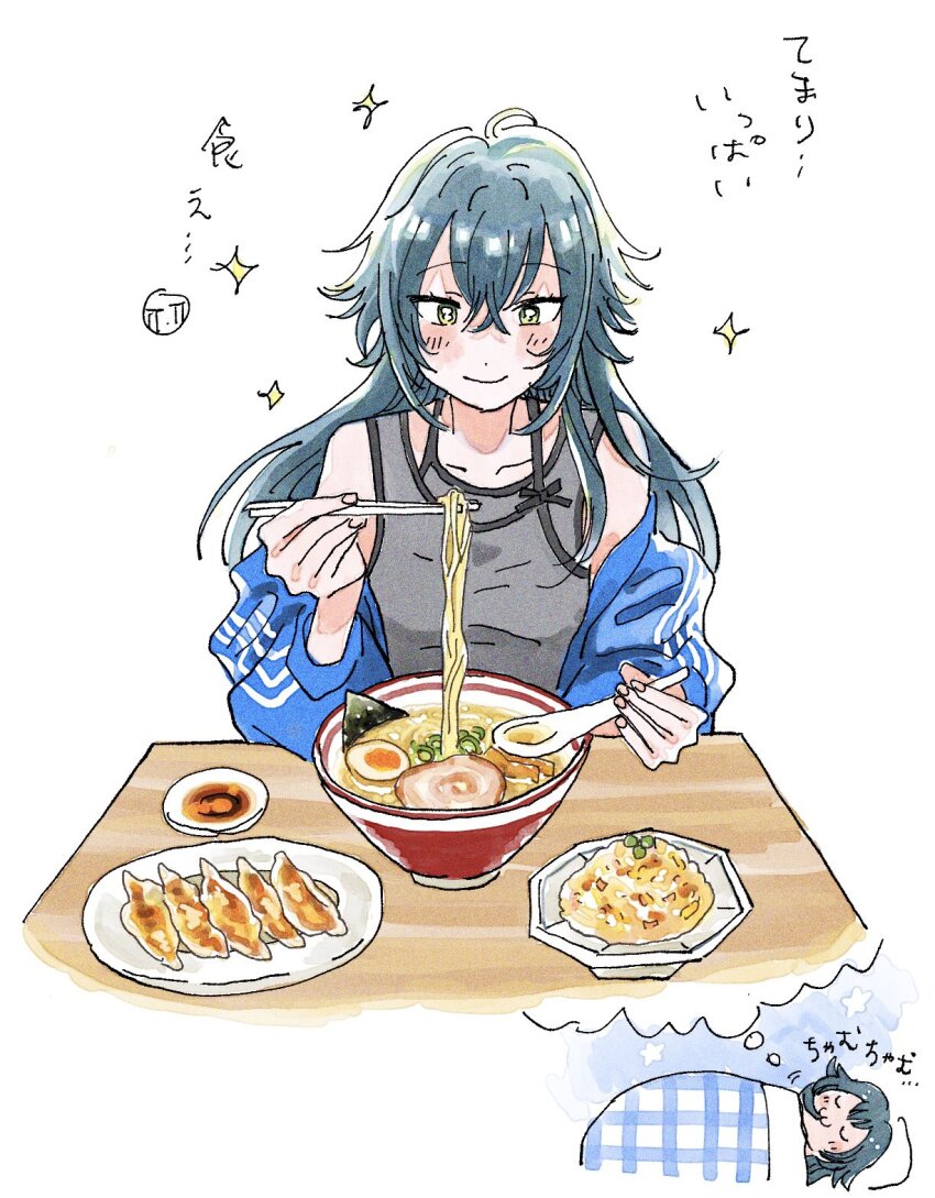 1girl ahoge blue_jacket chinese_spoon chopsticks commentary_request dreaming dumpling food fried_rice gakuen_idolmaster green_eyes hair_flaps highres holding holding_chopsticks holding_spoon idolmaster jacket jacket_partially_removed jiaozi kate_jgk long_hair noodles ramen sleeping spoon translation_request tsukimura_temari very_long_hair