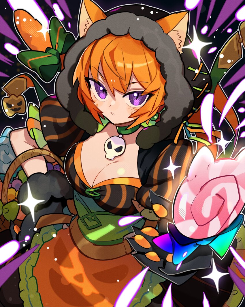 1girl absurdres animal_ear_fluff animal_ears animal_hands apron black_dress breasts candy cat_ears cat_girl cat_tail choker cleavage dress earrings facial_mark fire_emblem fire_emblem:_radiant_dawn fire_emblem_heroes food gloves green_choker hair_between_eyes halloween halloween_costume hand_on_own_hip highres holding holding_candy holding_food holding_lollipop hood hood_up jack-o&#039;-lantern_print jewelry kurimori large_breasts lethe_(fire_emblem) lethe_(halloween)_(fire_emblem) lollipop looking_at_viewer nintendo official_alternate_costume orange_apron orange_hair parted_lips paw_gloves puffy_short_sleeves puffy_sleeves purple_eyes short_sleeves skull_choker solo sphere_earrings striped_clothes striped_dress tail vertical-striped_clothes vertical-striped_dress waist_apron whisker_markings