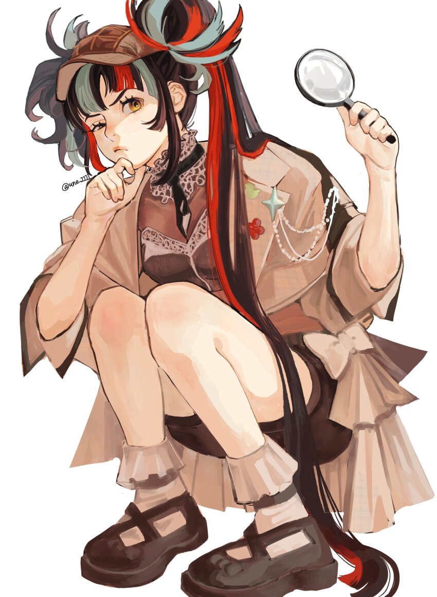 1girl black_shorts deerstalker fate/grand_order fate_(series) hand_on_own_chin hat highres holding holding_magnifying_glass magnifying_glass multicolored_hair sei_shounagon_(fate) shorts squatting stroking_own_chin twintails twitter_username une_1111 uneven_twintails white_background yellow_eyes