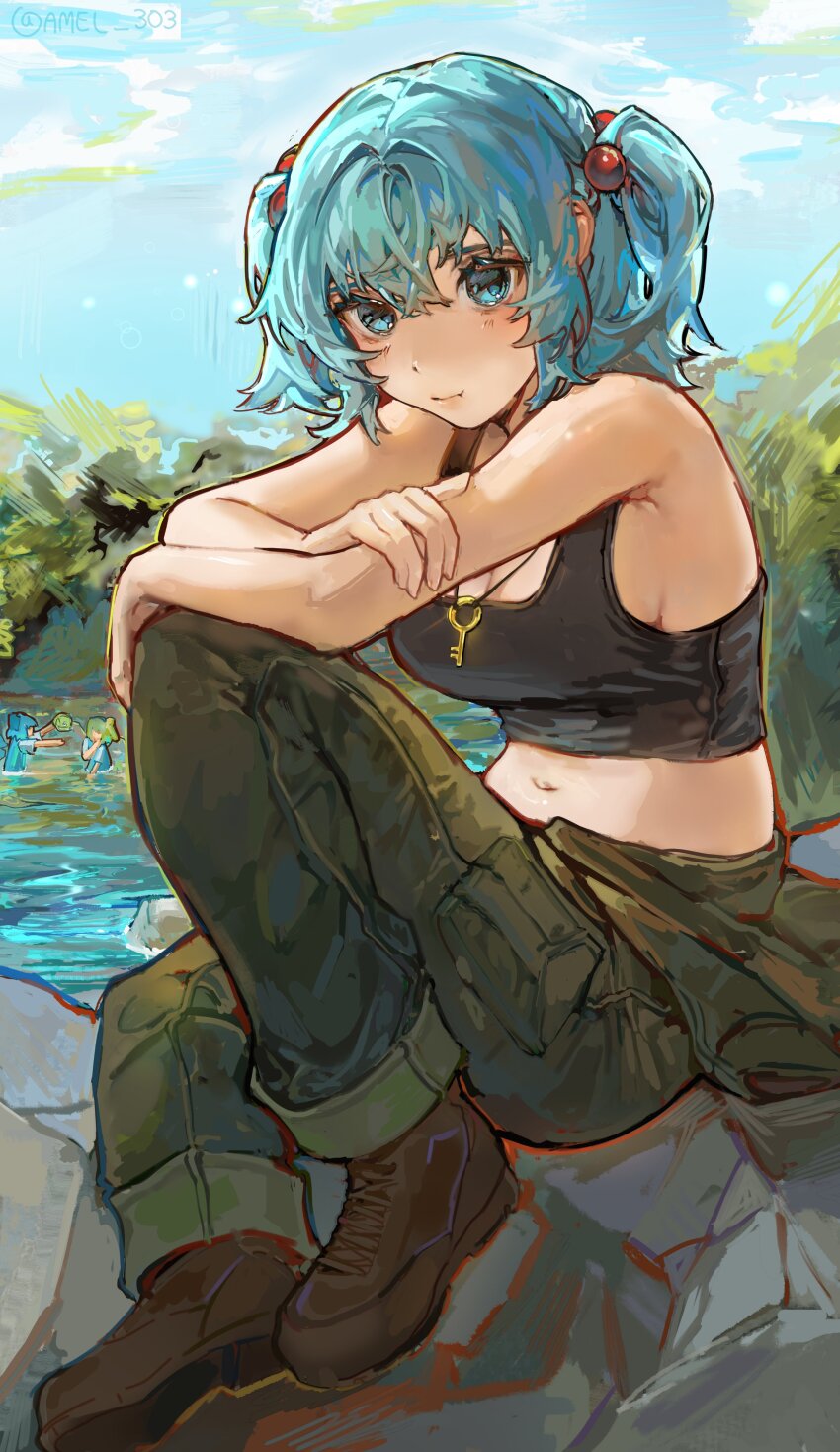 3girls absurdres alternate_costume amel_303 black_tank_top blue_eyes blue_hair blue_sky brown_footwear camouflage camouflage_pants cirno closed_mouth cloud commentary_request daiyousei forest green_pants hair_bobbles hair_ornament highres kawashiro_nitori key knees_up looking_at_viewer multiple_girls nature navel outdoors pants sitting sky solo_focus tank_top touhou two_side_up