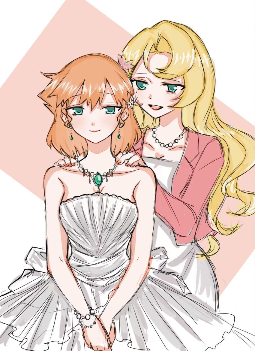 2girls artist_request blonde_hair creatures_(company) daisy_(pokemon) dress female_focus flower game_freak hair_down highres long_hair misty_(pokemon) multiple_girls nintendo orange_hair pokemon pokemon_(anime) pokemon_(classic_anime) short_hair simple_background solo source_request veil wavy_hair wedding_dress white_dress