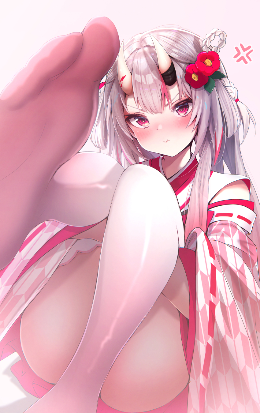 1girl absurdres anger_vein angry ass ass_peek blush closed_mouth feet flower foot_focus gradient_hair hair_flower hair_ornament highres hololive horns hugging_own_legs japanese_clothes kimono legs_together looking_at_viewer multicolored_hair nakiri_ayame nakiri_ayame_(shrine_maiden) nontraditional_miko official_alternate_costume oni red_eyes red_hair simple_background skin-covered_horns solo streaked_hair terra_bose thighhighs virtual_youtuber white_hair white_thighhighs