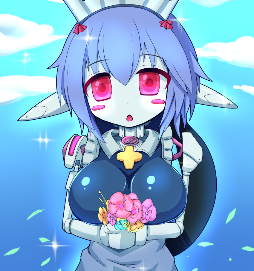 1girl :o android blue_background blue_hair blush_stickers bouquet breasts cloud colored_skin commentary_request cross expressionless falling_leaves fewer_digits flower flower_request hair_between_eyes highres holding holding_bouquet large_breasts leaf maid_headdress mechanical_arms mon-musu_quest! mon-musu_quest:_paradox pink_flower pointy_ears purple_flower radio_(mon-musu_quest!) red_eyes robot_ears short_hair solo sparkle tamalaunch upper_body white_skin yellow_flower