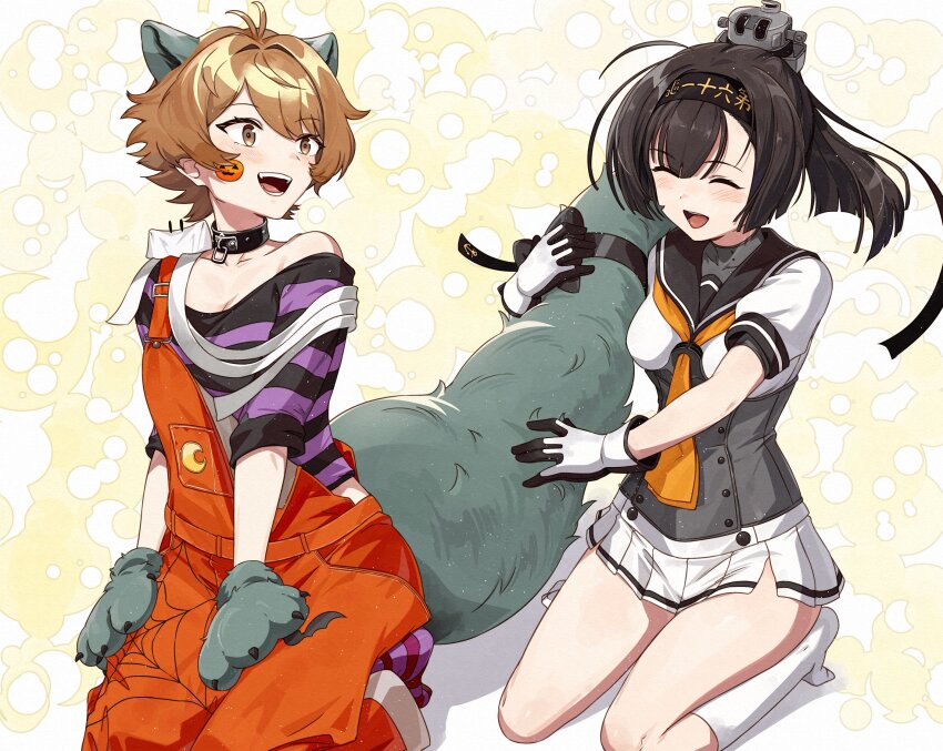 2girls akizuki_(kancolle) anchor_symbol animal_ears animal_hands bandages black_hair black_sailor_collar breasts brown_hair commentary_request commission fake_animal_ears fake_tail gloves hachimaki halloween_costume headband highres kanmiya_shinobu kantai_collection long_hair medium_breasts miniskirt multiple_girls neckerchief oboro_(halloween_mode)_(kancolle) oboro_(kancolle) official_alternate_costume open_mouth orange_neckerchief overalls paw_gloves pleated_skirt ponytail sailor_collar school_uniform serafuku shirt short_hair simple_background sitting skeb_commission skirt socks striped_clothes striped_shirt tail tail_grab translation_request white_skirt white_socks