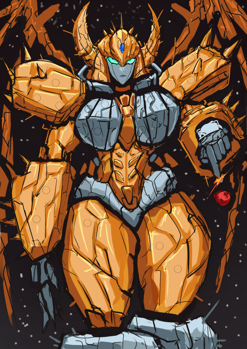 absurdres breasts demon_horns genderswap genderswap_(mtf) giant giantess green_eyes grey_panties grotesquerampag helmet highres horns humanoid_robot medium_breasts panties robot space spikes thick_thighs thighs transformers underwear unicron wings