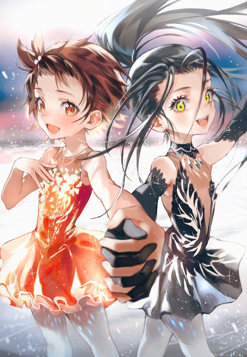 2girls absurdres black_dress black_gloves black_hair blush brown_hair dress elbow_gloves figure_skating_dress flat_chest floating_hair gb_dumf gloves highres holding_hands interlocked_fingers kamisaki_hikaru long_hair looking_at_viewer medalist_(manga) multiple_girls open_mouth orange_eyes pantyhose ponytail red_dress short_hair skating_rink smile white_pantyhose yellow_eyes yuitsuka_inori