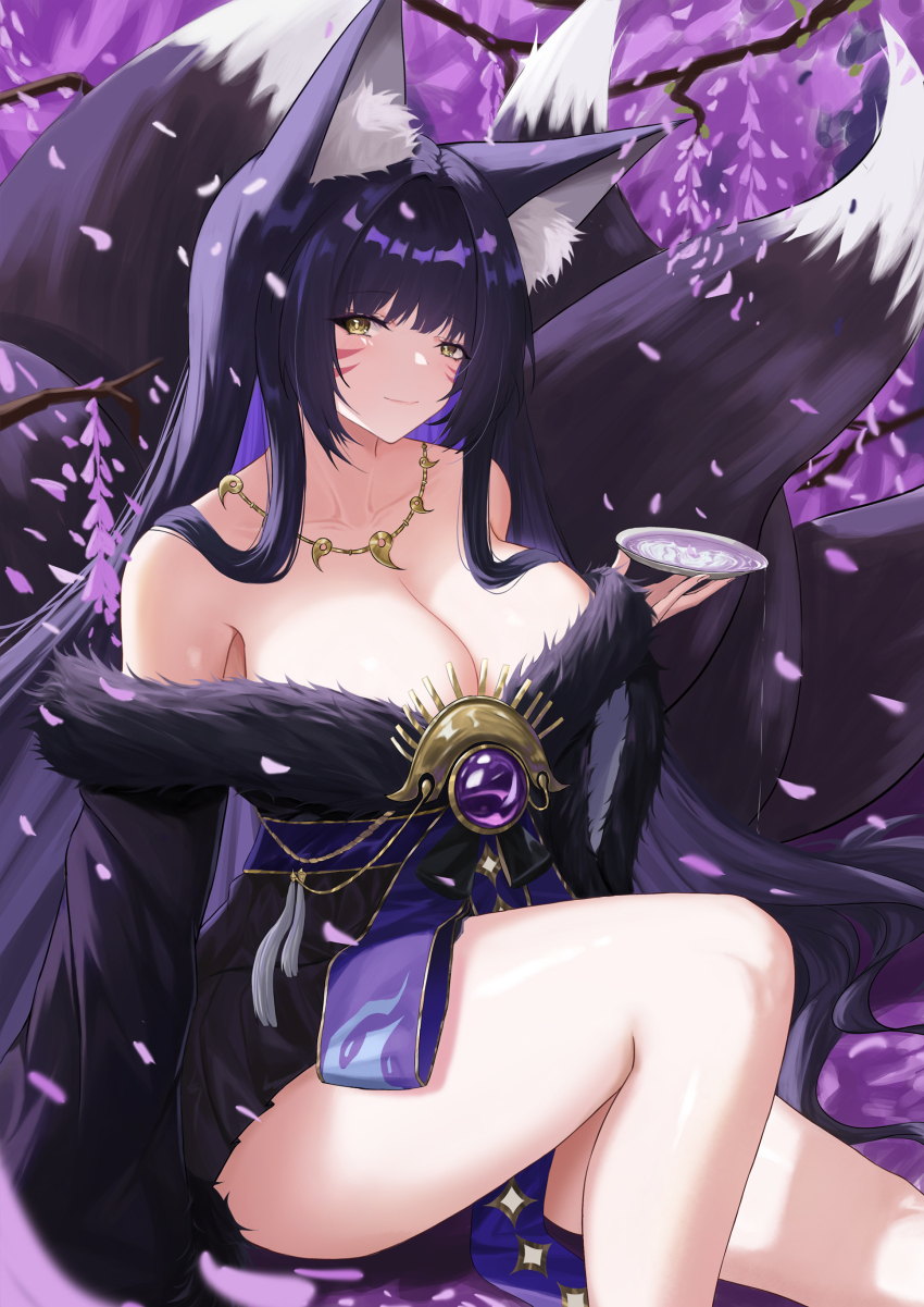 1girl absurdres animal_ear_fluff animal_ears azur_lane bare_shoulders beads black_hair black_kimono breasts cleavage colored_inner_hair cup facial_mark fox_ears fox_girl fox_tail fur-trimmed_kimono fur_trim gem hair_ornament highres holding holding_cup huge_breasts japanese_clothes jewelry kimono kitsune kyuubi large_tail long_hair looking_at_viewer low_neckline magatama magatama_necklace multicolored_hair multiple_tails musashi_(azur_lane) necklace petals prayer_beads purple_gemstone purple_hair purple_tail sakazuki slqnsdl solo tail very_long_hair whisker_markings yellow_eyes