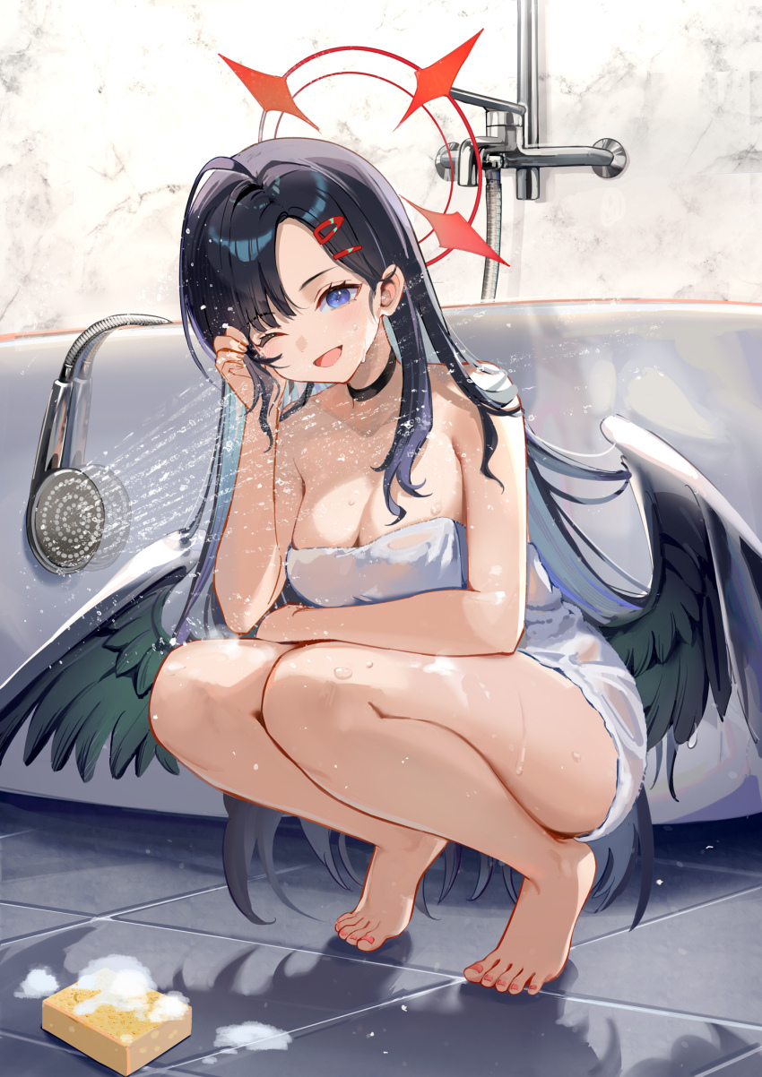 1girl ;d ahoge bare_arms bare_legs bare_shoulders barefoot black_choker black_wings blonde_hair blue_archive blue_eyes breasts choker cleavage commentary_request feathered_wings hair_ornament hairclip halo highres ichika_(blue_archive) long_hair looking_at_viewer low_wings medium_breasts naked_towel one_eye_closed open_mouth parted_bangs rero_(bigdoorbig2) shadow shower_head smile soap_bubbles solo sponge squatting tile_floor tiles tiptoes towel very_long_hair water wings