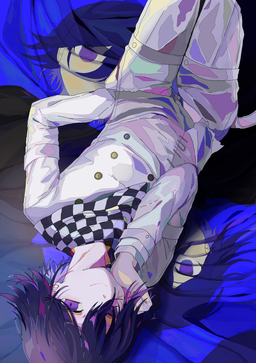 1boy absurdres black_hair buttons character_print checkered_clothes checkered_scarf danganronpa_(series) danganronpa_v3:_killing_harmony double-breasted grey_jacket grey_pants hair_between_eyes highres jacket long_sleeves lying male_focus oma_kokichi on_back pants purple_eyes rin_go_kko scarf short_hair smile solo