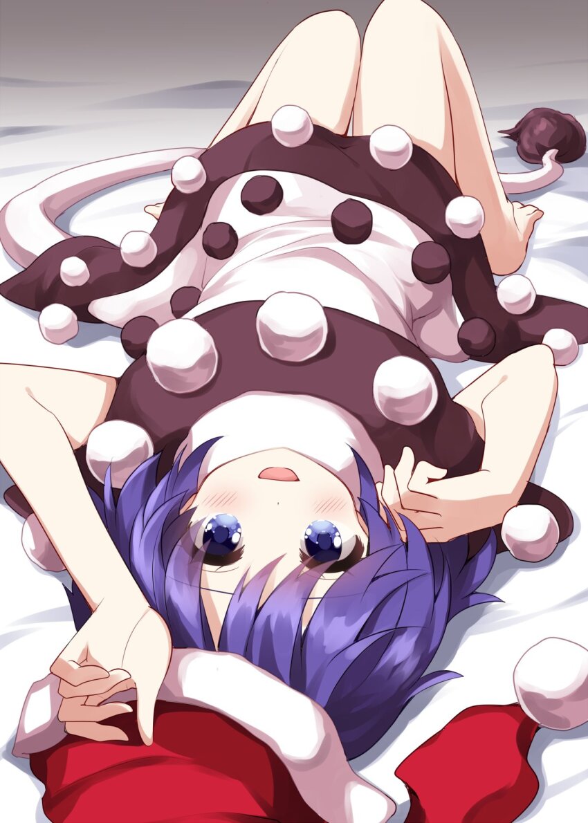 1girl :d arm_up barefoot black_dress blush brown_dress commentary_request doremy_sweet dress full_body hand_up hat highres knees_together_feet_apart looking_at_viewer lying medium_hair on_back open_mouth pom_pom_(clothes) purple_eyes purple_hair red_hat ruu_(tksymkw) santa_hat short_sleeves smile solo tail touhou upside-down