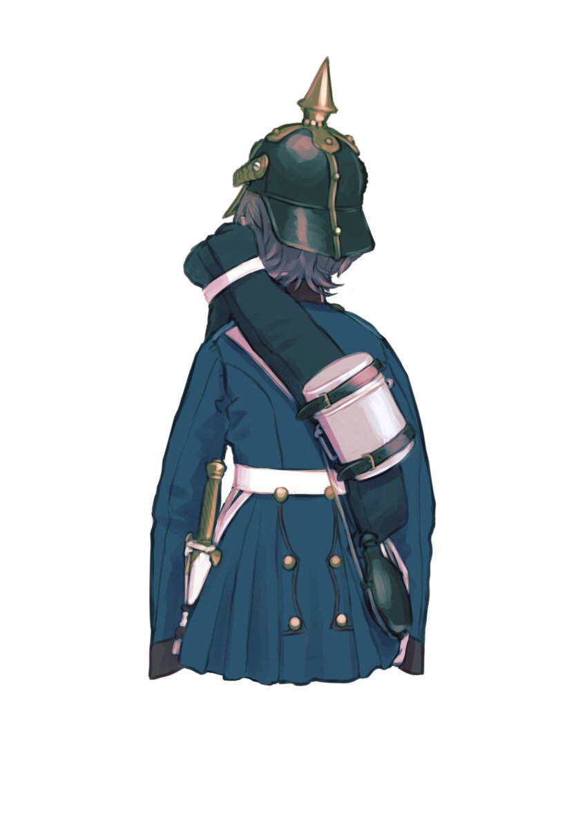 1girl absurdres back back_focus bedroll belt blue_jacket buttons canteen combat_helmet cropped_torso german_commentary helmet highres jacket karasumi_(sumizono) long_sleeves mess_kit military military_jacket military_uniform original pickelhaube prussia red_trim sheath sheathed short_hair short_sword simple_background soldier solo sword weapon white_background