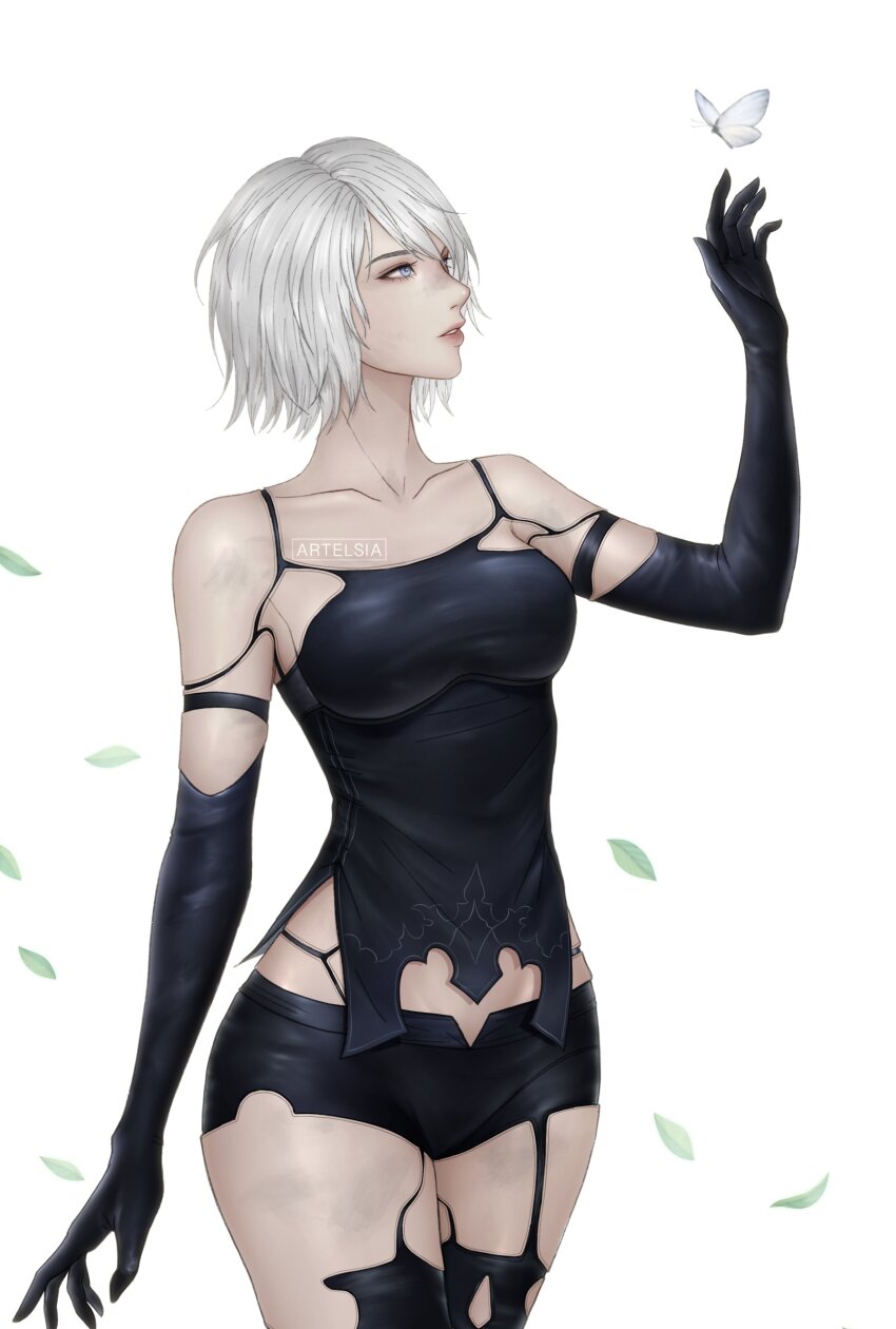 1girl a2_(nier:automata) absurdres android arm_up armlet artelsia bare_shoulders black_shorts black_tank_top blue_eyes bug butterfly collarbone commentary cowboy_shot elbow_gloves english_commentary falling_leaves garter_straps gloves highres insect jewelry joints leaf midriff nier:automata nier_(series) robot_joints short_hair short_shorts shorts solo tank_top white_background white_butterfly white_hair