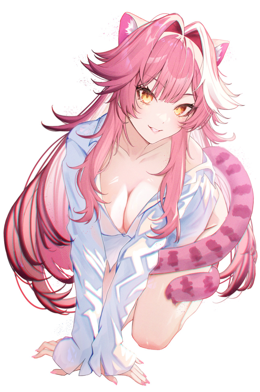 1girl absurdres animal_ear_fluff animal_ears blush breasts cleavage collarbone commentary fang fingernails groin hair_intakes higeji_(higeji404) highres hololive hololive_english huge_breasts kneeling long_fingernails long_hair long_sleeves looking_at_viewer nail_polish naked_shirt panther_ears panther_girl panther_tail pink_hair pink_lips pink_nails raora_panthera shirt simple_background sleeves_past_wrists smile solo tail teeth thighs virtual_youtuber white_background white_shirt yellow_eyes