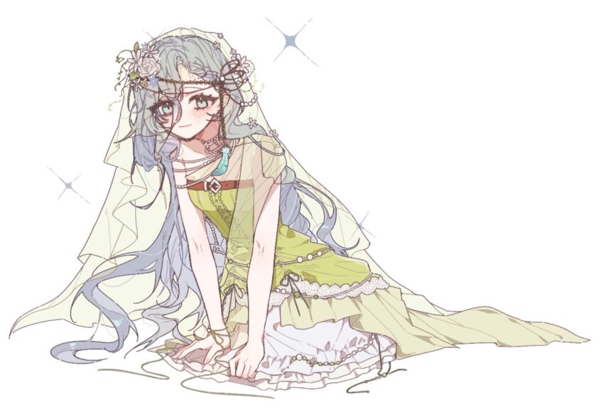 1girl 37_(happy_bird_catcher)_(reverse:1999) 37_(reverse:1999) bare_arms blue_eyes blue_hair cowboy_shot cropped_legs dress dress_tug flower formalis37 green_dress green_veil hair_flower hair_ornament layered_dress long_hair looking_at_viewer official_alternate_costume reverse:1999 sleeveless sleeveless_dress solo sparkle very_long_hair white_background white_flower