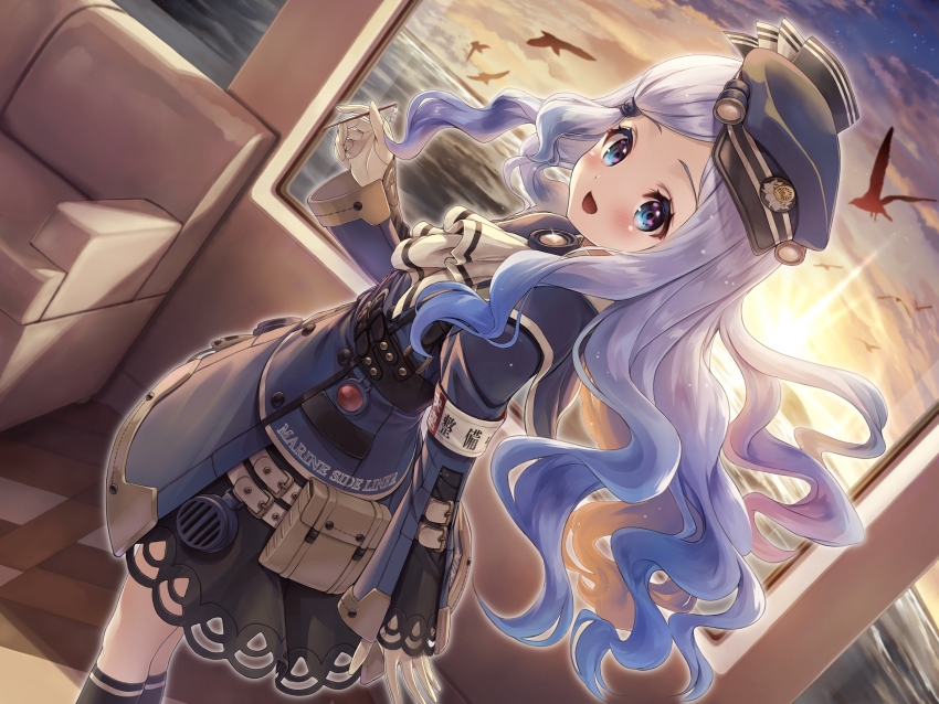 1girl absurdres ascot bird blue_eyes blue_hair blush dress flock gloves hat highres long_hair looking_at_viewer maitetsu official_art open_mouth parted_bangs rail_romanesque seagull sky smile solo taue_shunsuke umi_(rail_romanesque) very_long_hair wavy_hair window