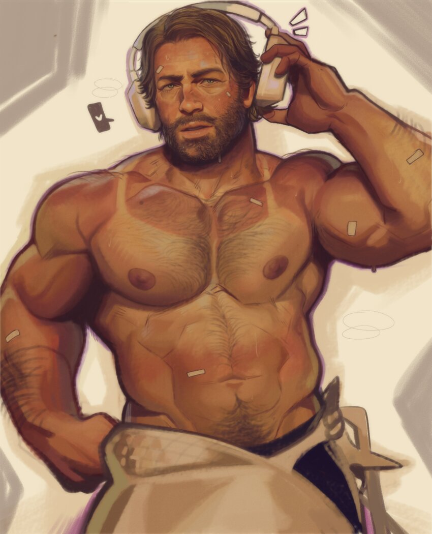 1boy abs absurdres arm_hair arthur_morgan bandaid bara black_pants blue_eyes brown_hair chest_hair facial_hair hairy headphones heart highres holo_eden large_pectorals male_focus mature_male muscular muscular_male navel nipples pants pectorals red_dead_redemption red_dead_redemption_(series) red_dead_redemption_2 scar scar_on_face scar_on_nose short_hair solo tan tanline topless_male