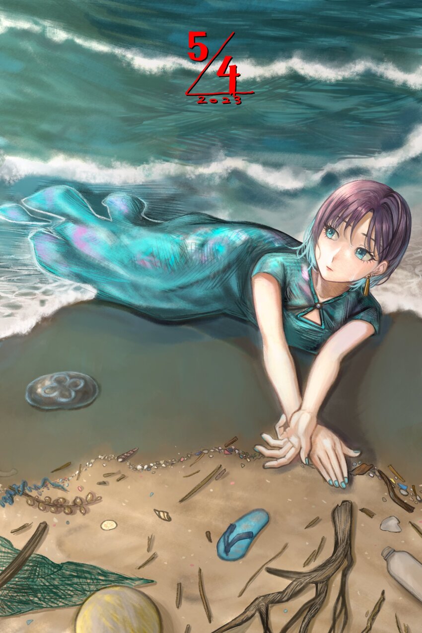 1girl absurdres asakura_toru beach blue_dress blue_eyes blue_hair blue_nails cleavage_cutout closed_mouth clothing_cutout crossed_wrists dated day dress driftwood earrings flip-flops full_body highres idolmaster idolmaster_shiny_colors jellyfish jewelry long_dress looking_to_the_side lying mermaid_dress net on_ground on_side outdoors partially_submerged purple_hair sand sandals seashell shell shoes short_hair short_sleeves solo tassel tassel_earrings unworn_shoes waves wet wet_hair yamaichi_(yama3ichi4)