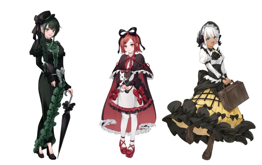 3girls :3 absurdres alternate_costume alternate_hairstyle ascot ballet_slippers black_ascot black_cloak black_hair blue_eyes bonnet boots bow braid brooch chabashira_tenko cloak closed_umbrella cross-laced_footwear danganronpa_(series) danganronpa_v3:_killing_harmony dark-skinned_female dark_skin dress eyelashes frilled_bonnet frilled_dress frilled_sleeves frills full_body green_eyes green_hair hair_between_eyes hair_ornament hair_ribbon hat hat_ribbon high_heels highres holding holding_suitcase holding_umbrella jewelry juliet_sleeves ka_po_su knees_together_feet_apart lace-up_boots lolita_fashion long_dress long_hair long_sleeves looking_at_viewer mole mole_under_mouth monokuma multiple_girls open_mouth pantyhose puffy_sleeves red_eyes red_hair ribbon ribbon_trim short_hair simple_background single_braid smile standing suitcase umbrella white_background white_hair white_pantyhose yonaga_angie yumeno_himiko