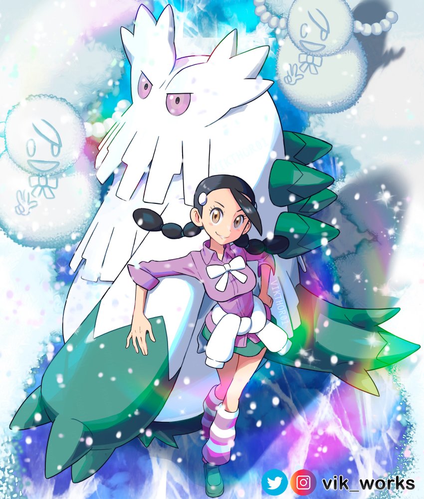 1girl abomasnow absurdres black_hair breasts candice_(pokemon) clothes_around_waist creatures_(company) game_freak gen_4_pokemon green_skirt highres large_breasts long_hair looking_at_viewer miniskirt multi-tied_hair nintendo pokemon pokemon_(creature) pokemon_masters_ex shoes skirt smile snow snowman socks sweater sweater_around_waist vikthor01 white_sweater