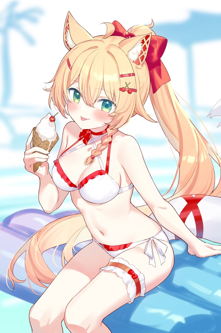 1girl absurdres ahoge animal_ears bare_arms bare_shoulders bikini blonde_hair bow breasts bridal_garter choker cleavage closed_mouth commission criss-cross_halter food fox_ears green_eyes hair_bow halterneck highres hiraga_matsuri holding holding_food holding_ice_cream ice_cream long_hair looking_at_viewer medium_breasts multi-strapped_bikini_top navel original ponytail red_choker side-tie_bikini_bottom sitting skeb_commission smile solo stomach string_bikini swimsuit thighs tongue tongue_out very_long_hair white_bikini