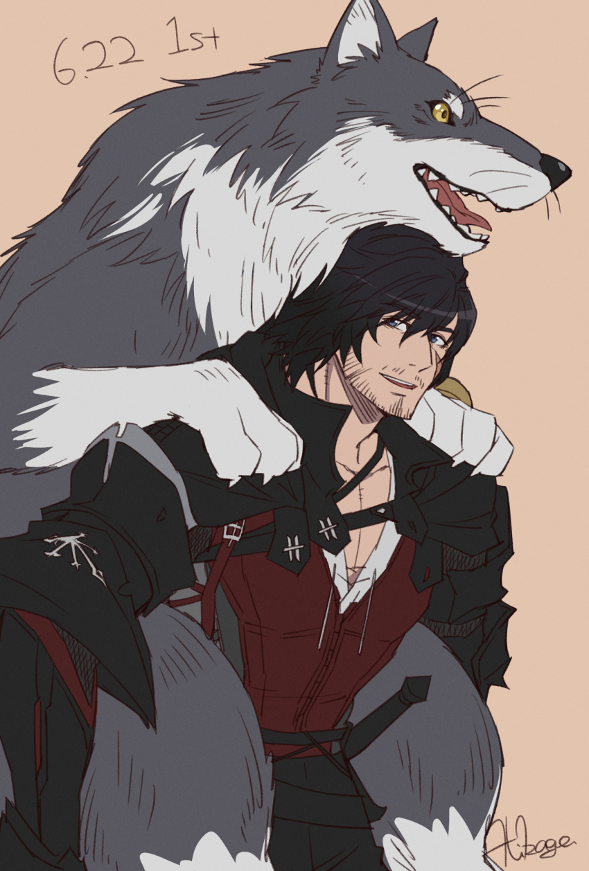 animal armor banana_gyuunyuu beard_stubble black_armor black_cape black_hair cape chinstrap_beard clive_rosfield dog facial_hair fangs final_fantasy final_fantasy_xvi grey_fur grey_wolf highres holding holding_animal holding_dog mustache_stubble open_mouth scar scar_on_face smile stubble tied_drawstring torgal_(ff16) whiskers wolf