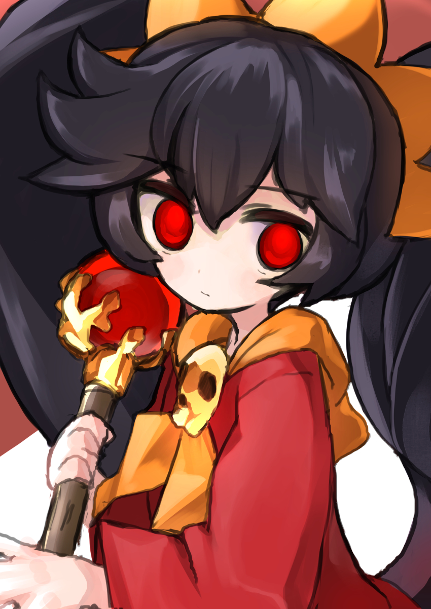 1girl absurdres ashley_(warioware) black_hair blush dress hairband highres holding long_hair long_sleeves looking_at_viewer nintendo orange_hairband red_dress red_eyes rotroto simple_background skull twintails upper_body very_long_hair wand warioware white_background