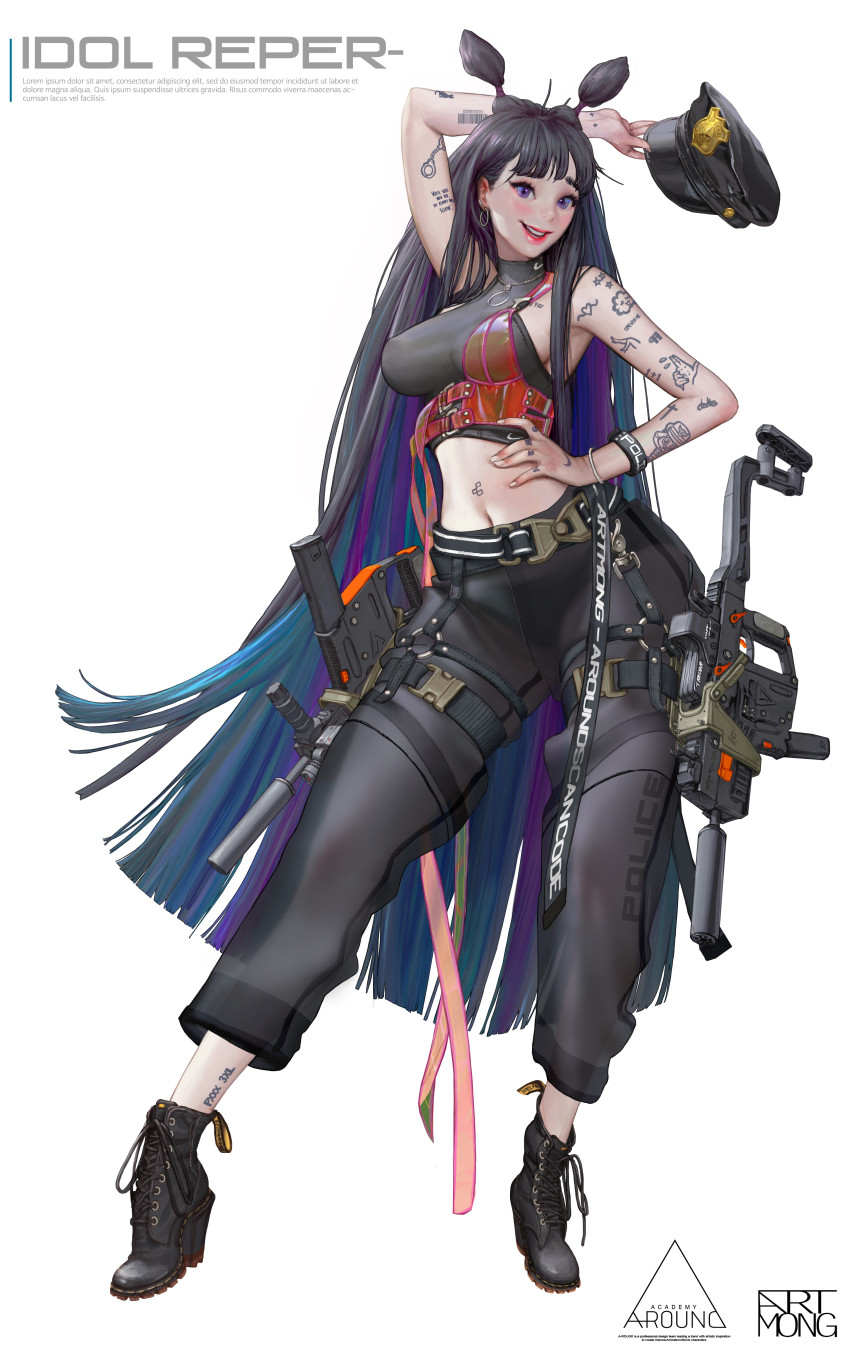 1girl absurdres artist_name artmong black_hair blue_eyes commentary english_commentary gun hair_ears hat highres long_hair looking_at_viewer midriff navel open_mouth original police police_hat smile solo tattoo very_long_hair weapon white_background wide_hips