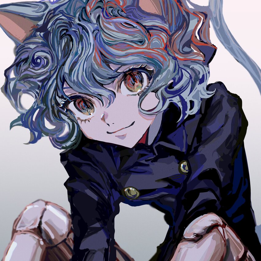 1other animal_ears blue_shirt buttons cat_ears cat_tail closed_mouth double-breasted grey_hair highres hunter_x_hunter long_sleeves looking_at_viewer neferpitou red_eyes shirt short_hair simple_background sitting smile solo tail yadu_nadu