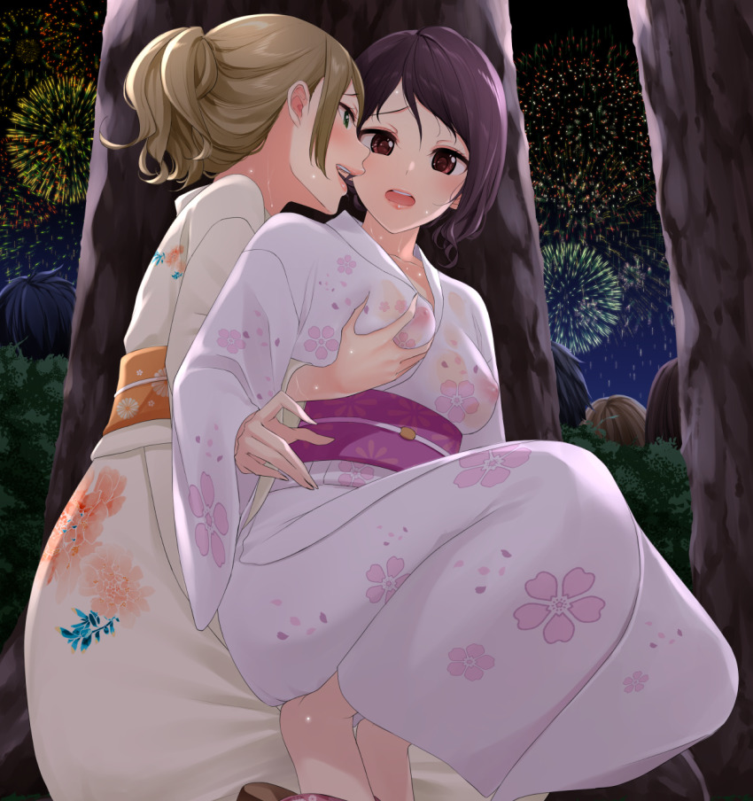 2girls aerial_fireworks black_hair blush breasts brown_hair collarbone commentary_request fireworks floral_print floral_print_kimono grabbing_another&#039;s_breast grabbing_from_behind green_eyes groping hiding highres japanese_clothes kimono looking_at_another medium_breasts multiple_girls night nipples no_bra obi obijime open_mouth orange_sash original outdoors pink_kimono ponytail print_kimono public_indecency purple_sash red_eyes sash see-through_clothes see-through_kimono short_hair sidelocks squatting summer_festival sweat teeth textless_version upper_teeth_only yellow_kimono yoyomura yukata yuri