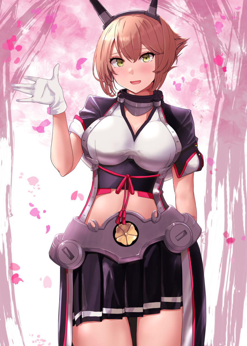 1girl black_skirt blush breasts brown_hair capelet cherry_blossoms cowboy_shot day flipped_hair gloves green_eyes hairband headgear highres jouzaburou_(joe3) kantai_collection large_breasts looking_at_viewer metal_belt midriff mutsu_(kancolle) mutsu_kai_ni_(kancolle) outdoors petals pleated_skirt sakuramon short_hair skirt smile solo white_gloves