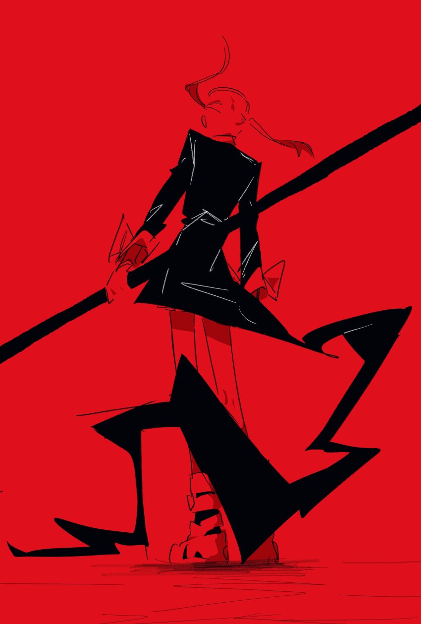 1girl absurdres back boots coat floating_hair full_body highres holding holding_weapon maka_albarn red_background red_theme se_4242564 simple_background skirt soul_eater twintails weapon