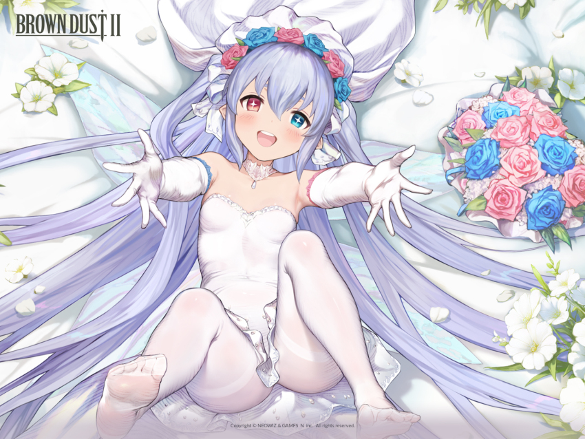 1girl blue_eyes blush brown_dust_(series) brown_dust_2 dress feet grey_hair heterochromia highres long_hair looking_at_viewer lying official_art official_wallpaper on_back open_mouth pantyhose red_eyes refithea_(brown_dust) soles toes twintails wedding_dress white_pantyhose