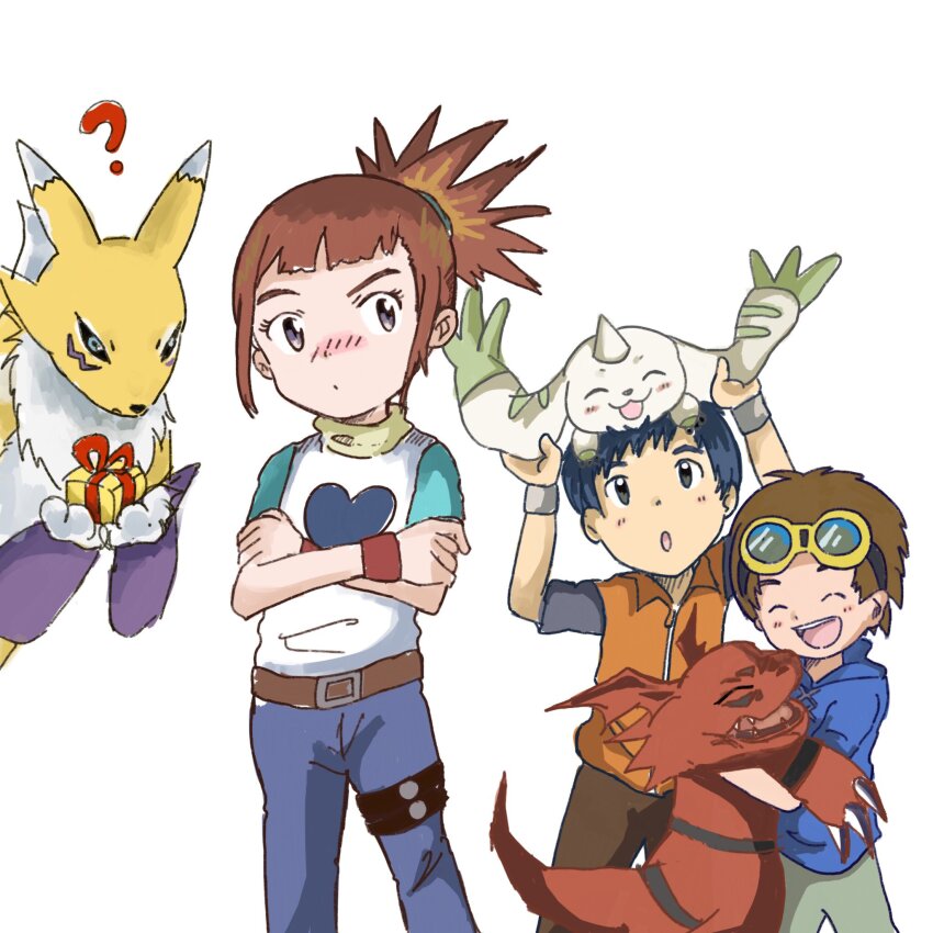 belt broken_heart digimon digimon_(creature) digimon_tamers fluffy fox_girl fox_tail furry furry_female guilmon hair_ornament hairpin heart highres lee_jianliang long_hair makino_ruki matsuda_takato ponytail renamon tail terriermon