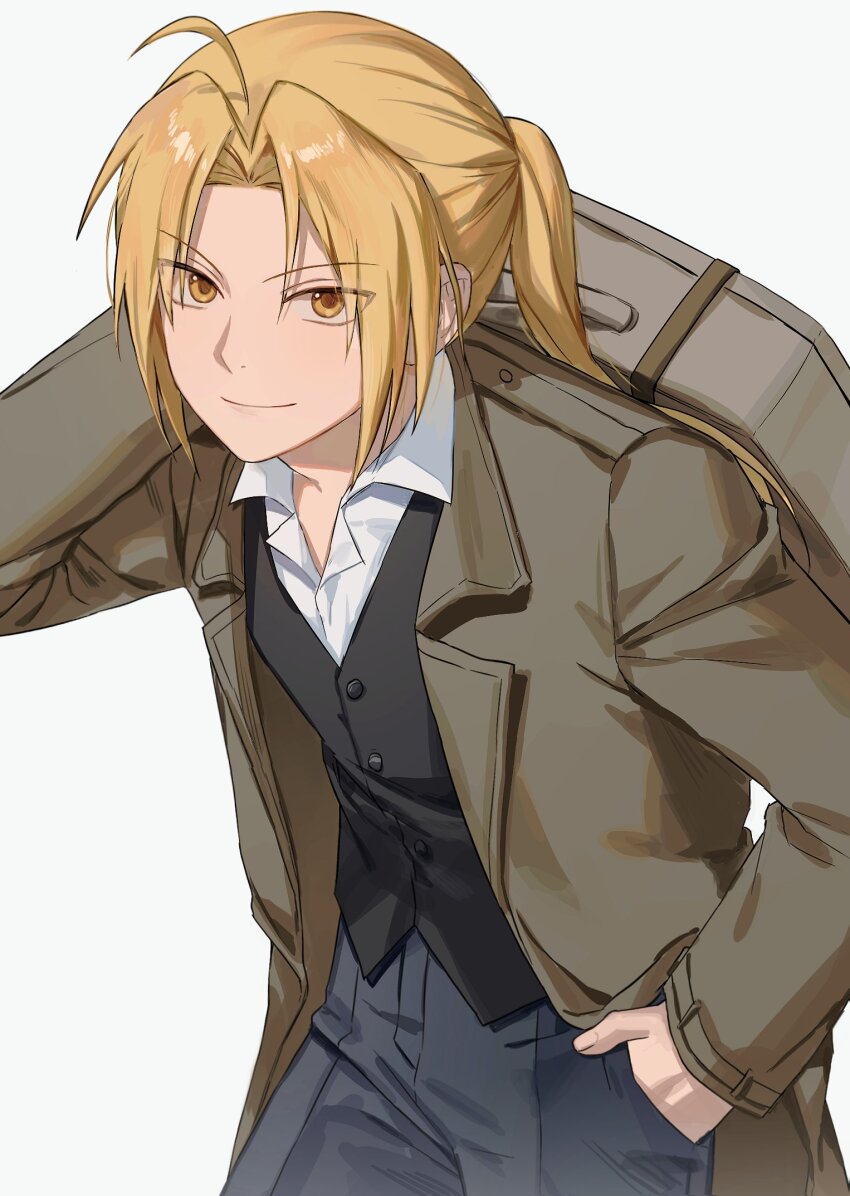 &gt;:) 1boy 1girl ahoge bag black_vest blonde_hair brown_coat brown_eyes closed_mouth coat collared_shirt commentary cowboy_shot edward_elric fullmetal_alchemist hair_intakes hand_in_pocket hand_up highres holding holding_bag korean_commentary leaning_forward long_hair long_sleeves male_focus open_clothes open_coat parted_bangs ponytail saang2cm shirt simple_background smile solo tsurime v-shaped_eyebrows vest white_background white_shirt