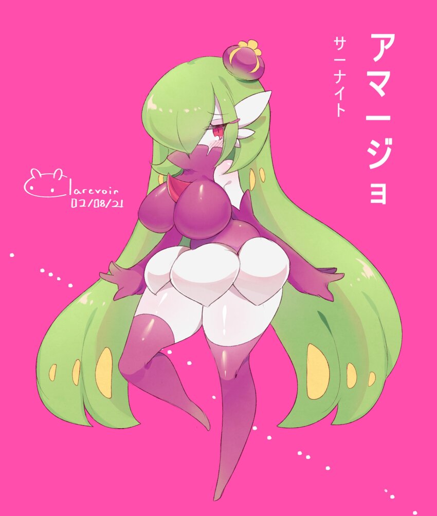 1girl absurdres aliceyawnin blush colored_skin creatures_(company) dated fusion game_freak gardevoir gen_3_pokemon gen_7_pokemon green_hair hair_over_one_eye highres long_hair looking_at_viewer multicolored_skin nintendo pink_background pokemon pokemon_(creature) purple_skin signature simple_background tsareena two-tone_skin white_skin