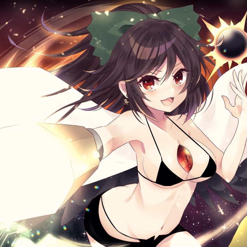 1girl :d absurdres arm_cannon bikini black_bikini black_hair bow breasts cape earrings green_bow hair_bow highres jewelry light_particles long_hair looking_at_viewer medium_breasts navel open_mouth red_eyes reiuji_utsuho smile solo subaru_(subachoco) swimsuit third_eye touhou upper_body v-shaped_eyebrows weapon white_cape