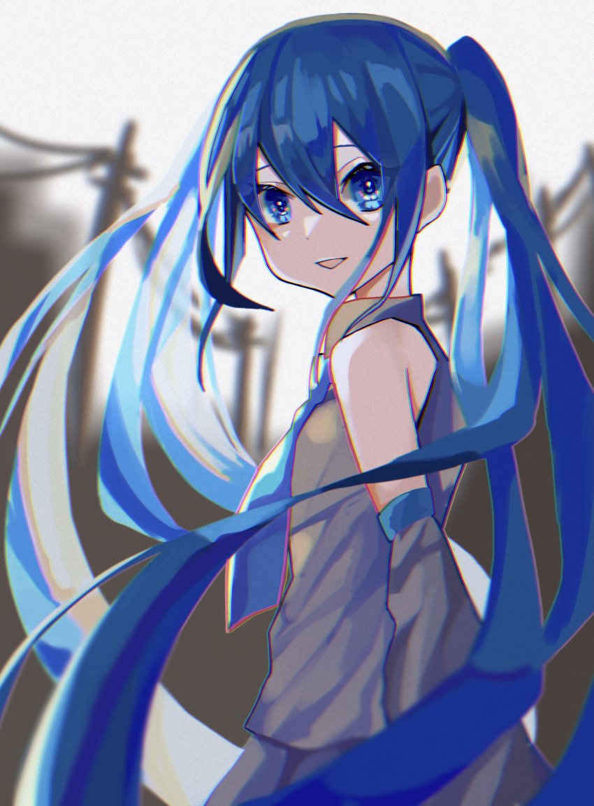 1girl absurdres bad_id bad_pixiv_id bare_shoulders blue_eyes blue_hair blue_necktie blurry collared_shirt commentary_request cowboy_shot depth_of_field detached_sleeves dress_shirt from_side grey_shirt grey_skirt grey_sky hair_between_eyes hatsune_miku highres huge_filesize long_hair looking_at_viewer necktie noise open_mouth ougipanda07 outdoors project_diva_(series) project_sekai shirt skirt sky sleeveless sleeveless_shirt smile solo twintails very_long_hair vocaloid