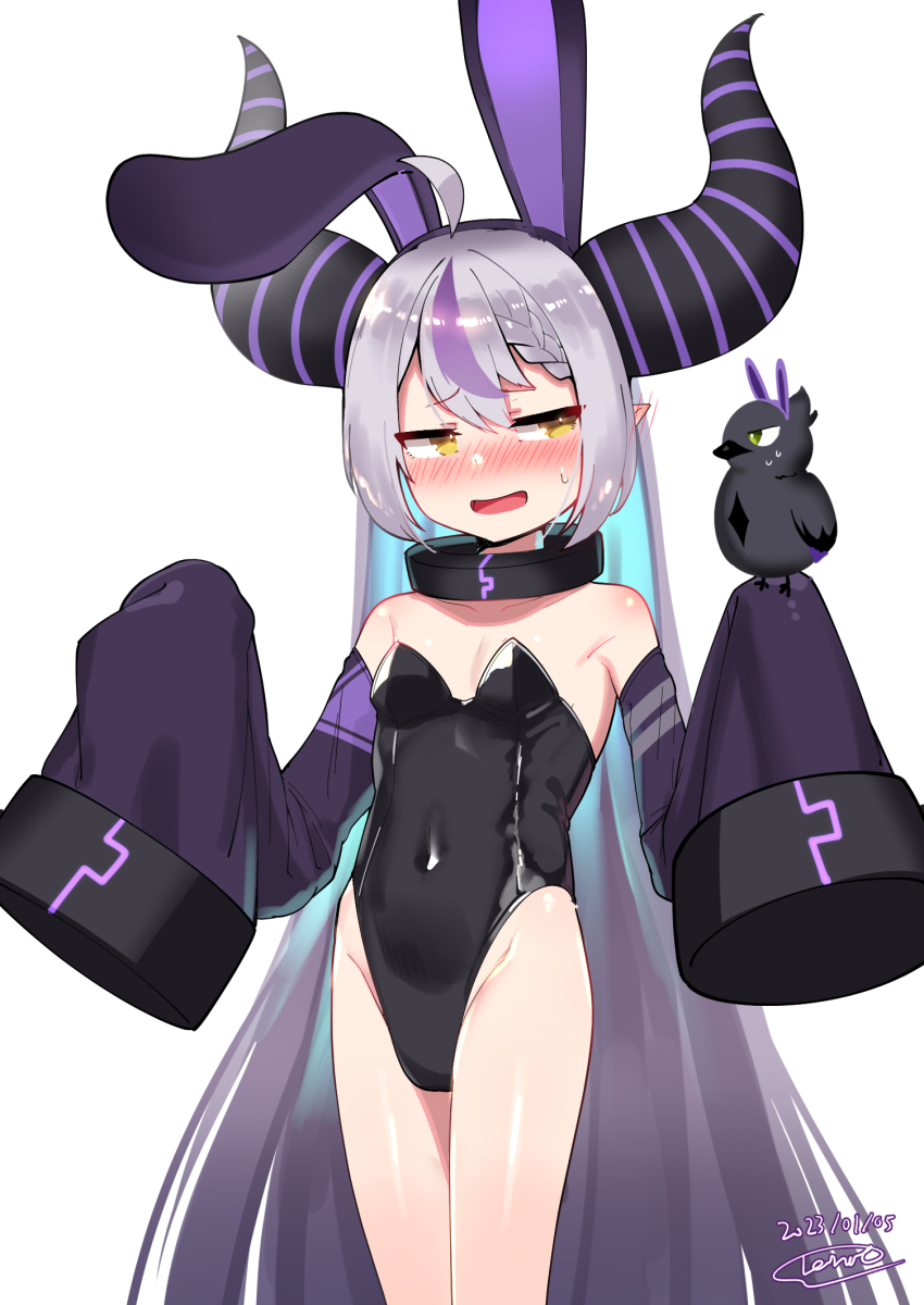 1girl ahoge animal animal_ears animal_on_hand bird black_hairband black_leotard black_sleeves blush braid braided_bangs breasts covered_navel crow crow_(la+_darknesss) dated demon_horns detached_sleeves fake_animal_ears grey_hair hairband highres hololive horns la+_darknesss leonat leotard long_hair long_sleeves multicolored_hair nervous_smile nose_blush purple_hair rabbit_ears signature simple_background sleeves_past_fingers sleeves_past_wrists small_breasts smile strapless strapless_leotard streaked_hair sweat very_long_hair virtual_youtuber white_background yellow_eyes