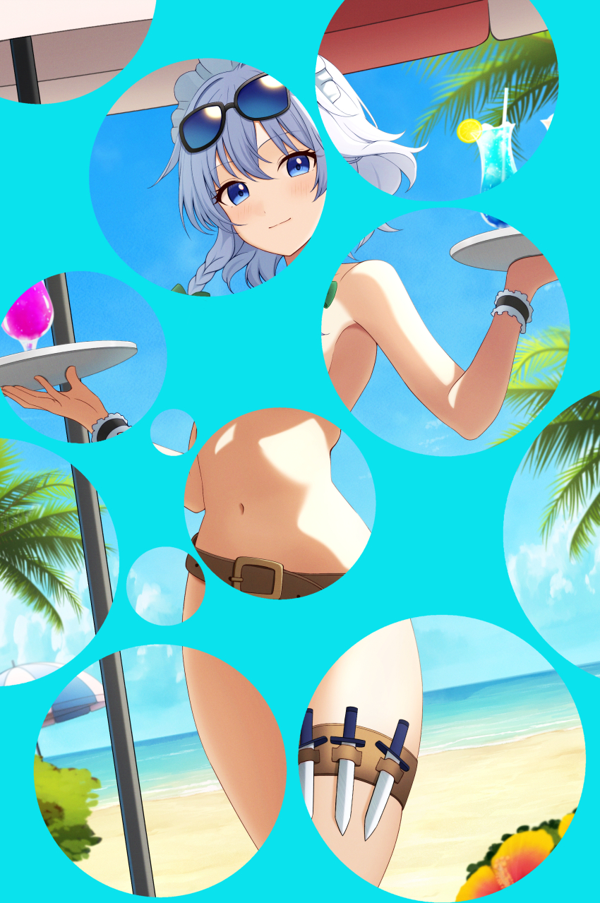 1girl absurdres beach belt blue_eyes blush brown_belt bubble_filter closed_mouth commentary convenient_censoring cup day drinking_glass drinking_straw eyewear_on_head grey_hair highres holding holding_tray holster izayoi_sakuya knife looking_at_viewer maid_headdress maizumi navel nude ocean outdoors palm_leaf short_hair smile solo stomach sunglasses thigh_holster touhou tray water wrist_cuffs