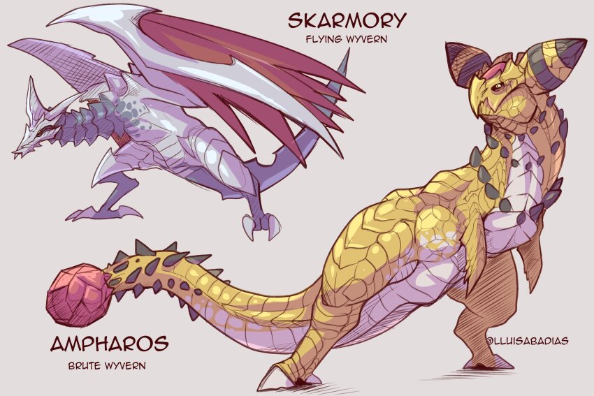 absurdres ampharos bird creatures_(company) flying game_freak gen_2_pokemon grey_background highres horns lluisabadias monster monster_hunter_(series) nintendo no_humans pokemon pokemon_(creature) scales simple_background skarmory spiked_tail spikes standing tail wings yellow_eyes