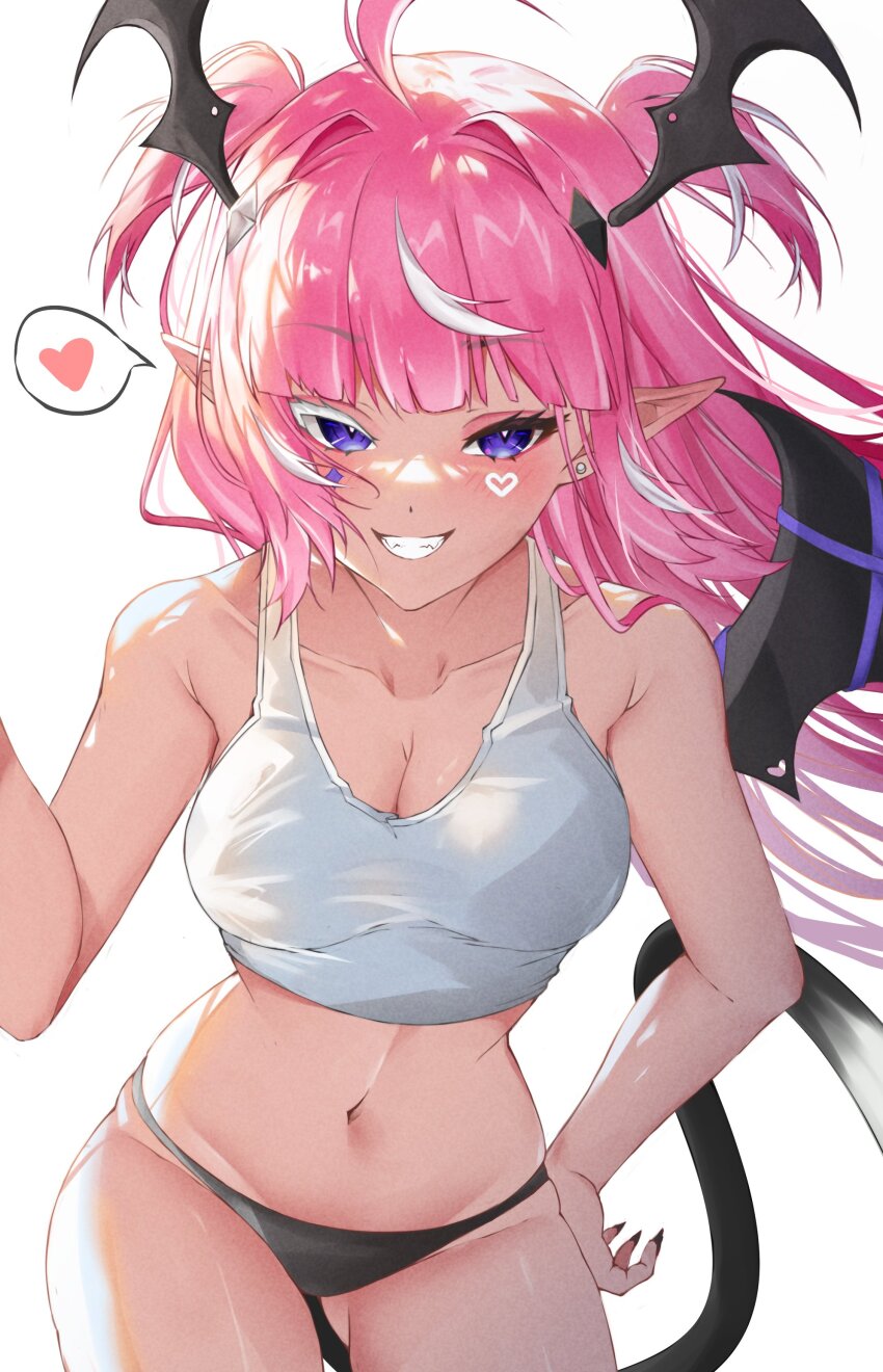 1girl absurdres ahoge black_panties black_wings blue_eyes breasts camila_(vtuber) cleavage collarbone crop_top demise_(official_makuu) earrings facial_mark grin hair_ornament head_wings heart heart_facial_mark highres indie_virtual_youtuber jewelry long_hair midriff navel panties pink_hair pointy_ears smile solo spoken_heart tail tank_top underwear virtual_youtuber white_hair white_tank_top wings