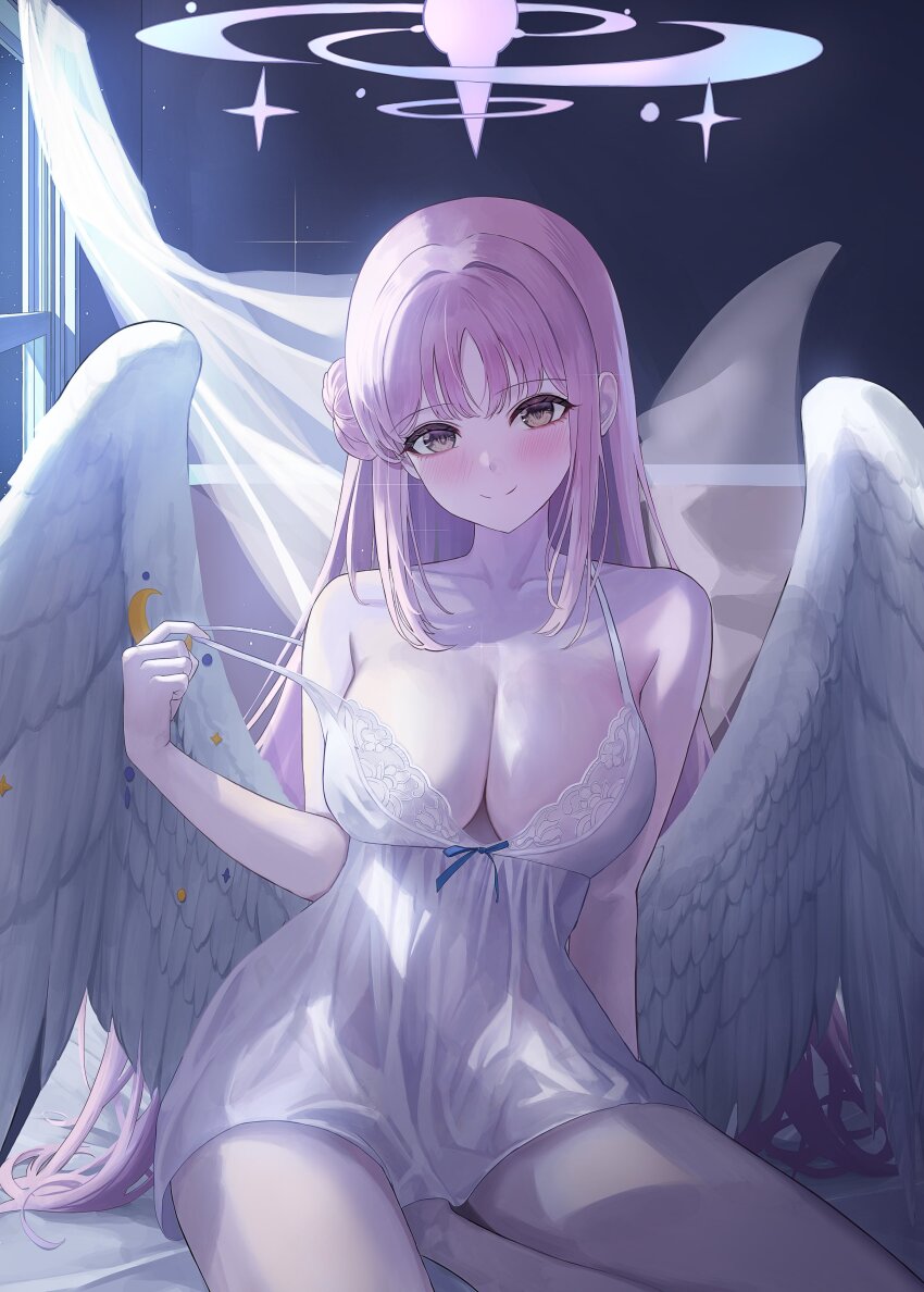 1girl absurdres alternate_costume angel_wings blue_archive doggo34476335 feathered_wings gradient_halo hair_bun halo highres low_wings mika_(blue_archive) multicolored_halo nightgown pink_halo side_up_bun single_side_bun solo white_nightgown white_wings wing_ornament wings