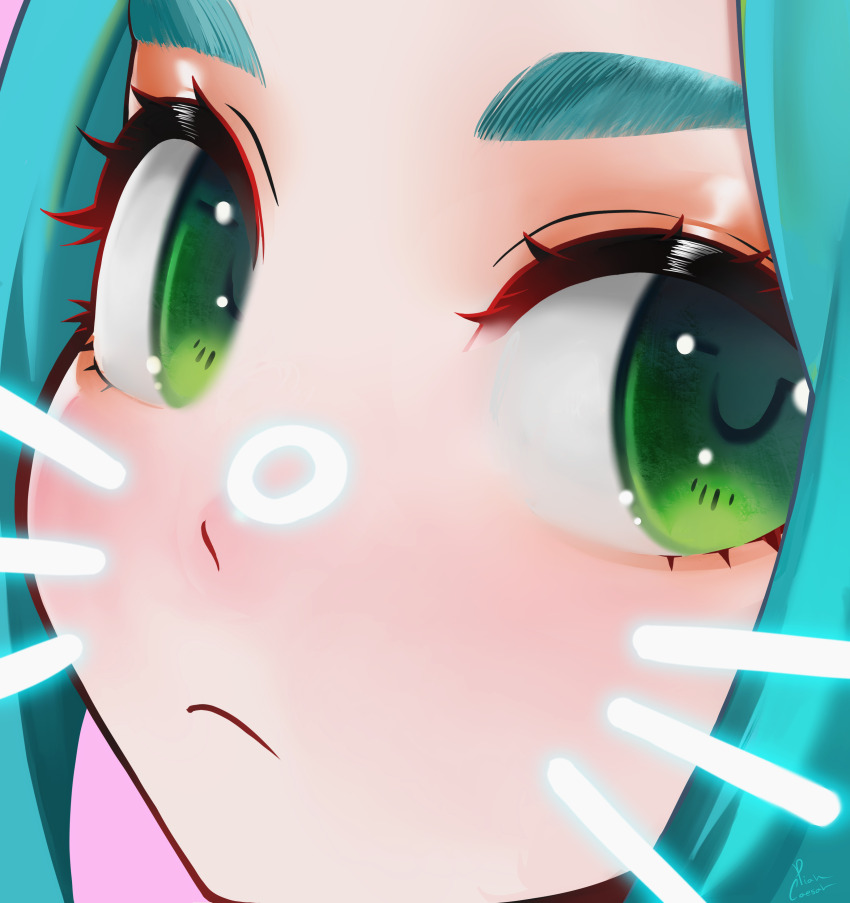 1girl absurdres aqua_hair close-up closed_mouth commentary drawn_nose drawn_whiskers expressionless eyelashes from_side green_eyes highres light_blush light_frown looking_at_viewer looking_to_the_side monogatari_(series) ononoki_yotsugi piancaesar pink_background portrait sidelocks solo symbol-only_commentary thick_eyebrows