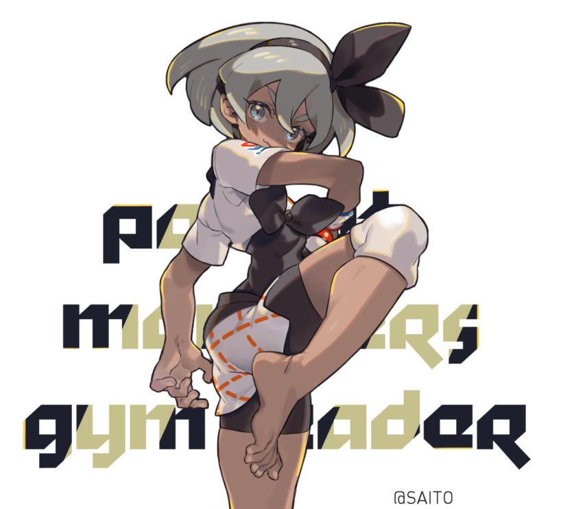 1girl amana_(pocketkey) barefoot bea_(pokemon) black_bodysuit black_hairband bodysuit bodysuit_under_clothes character_name closed_mouth commentary creatures_(company) dark-skinned_female dark_skin english_text female_focus fighting_stance game_freak gloves grey_eyes grey_hair gym_leader hairband holding holding_poke_ball knee_pads leg_up looking_at_viewer nintendo poke_ball poke_ball_(basic) pokemon pokemon_swsh print_shirt print_shorts shirt short_hair short_shorts short_sleeves shorts simple_background single_glove smile solo standing text_background tied_shirt v-shaped_eyebrows white_background white_shirt white_shorts