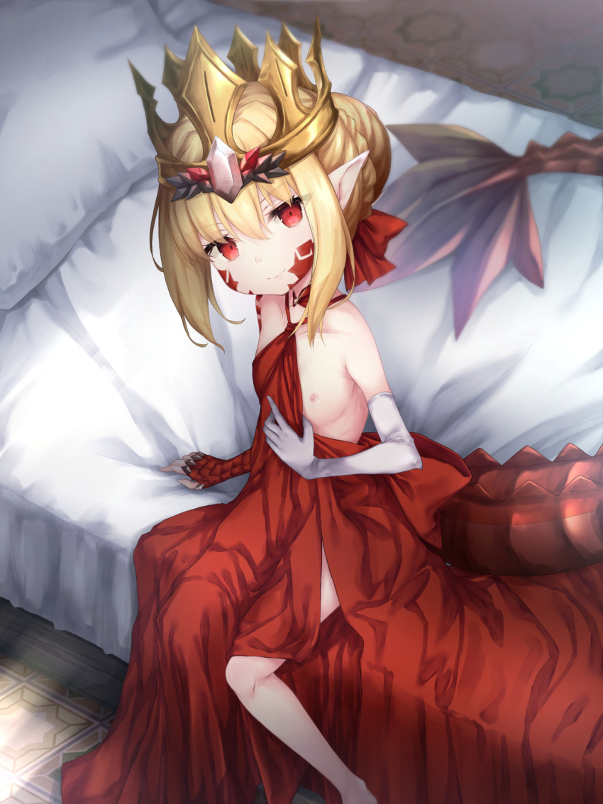 1girl bare_shoulders bed blonde_hair breasts clothes_pull commission crown dragon_tail dress elbow_gloves facial_mark fate/grand_order fate_(series) gloves hair_bun hair_intakes hair_ribbon highres long_hair looking_at_viewer nero_claudius_(fate) nero_claudius_(fate)_(all) nipples one_breast_out pixiv_commission pointy_ears queen_draco_(fate) queen_draco_(first_ascension)_(fate) red_dress red_eyes red_ribbon ribbon sasasa_(nashi) scales single_glove sitting small_breasts smile solo tail white_gloves