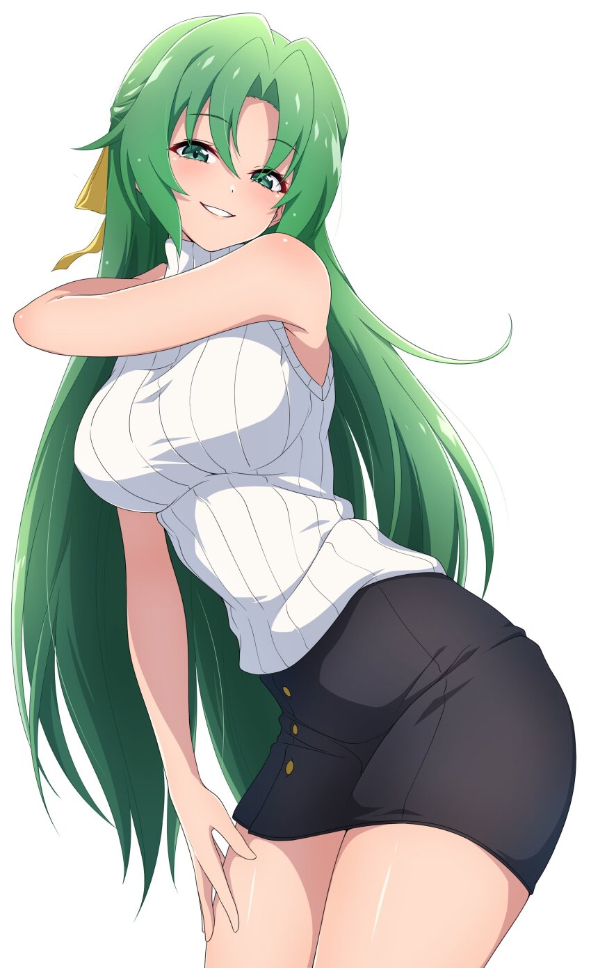 1girl absurdres armpit_crease black_skirt bow breasts curtained_hair green_eyes green_hair hair_between_eyes hand_on_own_thigh highres higurashi_no_naku_koro_ni large_breasts long_hair looking_at_viewer miniskirt nishizuki_shino open_mouth pencil_skirt ribbon simple_background skirt sleeveless sleeveless_sweater smile solo sonozaki_shion sweater teeth very_long_hair white_background white_sweater yellow_bow yellow_ribbon