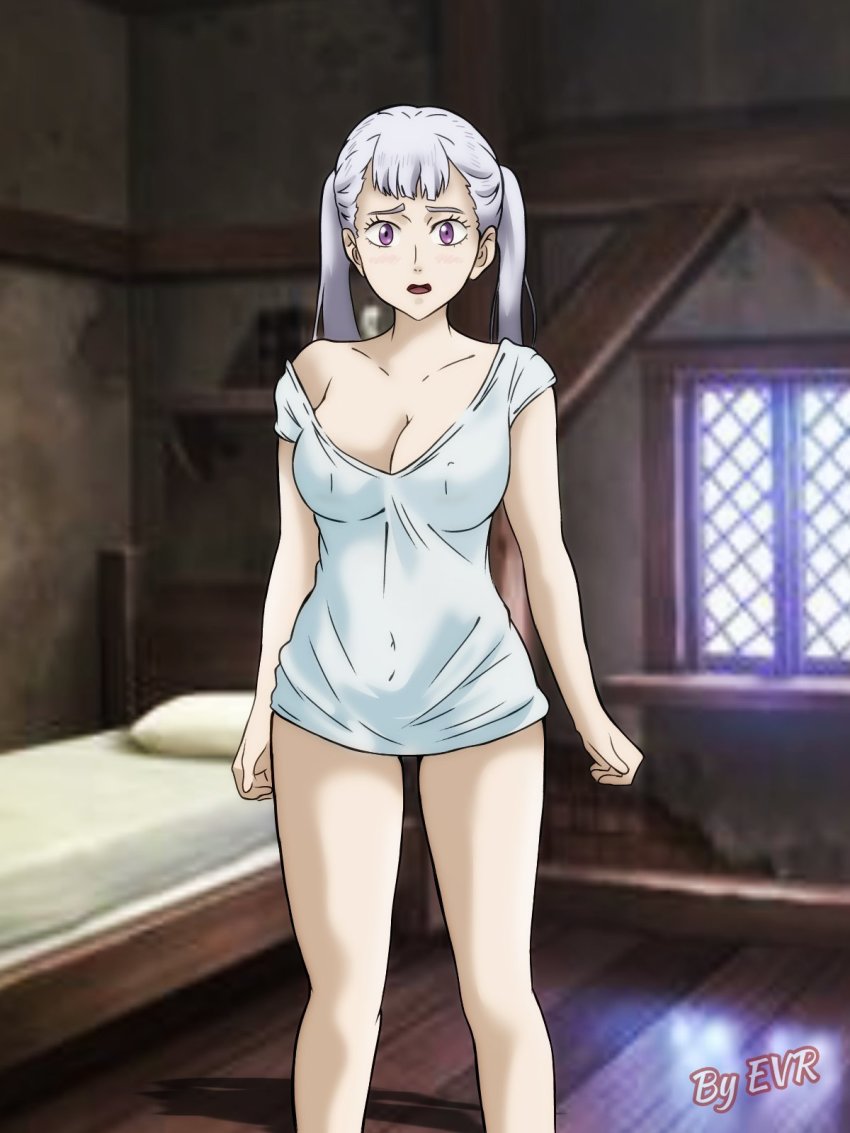 1girl arms_at_sides bed black_clover blurry blurry_background blush breasts cleavage collarbone covered_navel evr excalibur_overdrive feet_out_of_frame female_focus highres indoors jpeg_artifacts looking_at_viewer noelle_silva open_mouth purple_eyes shirt solo source_request standing t-shirt twintails white_hair white_shirt window wooden_floor